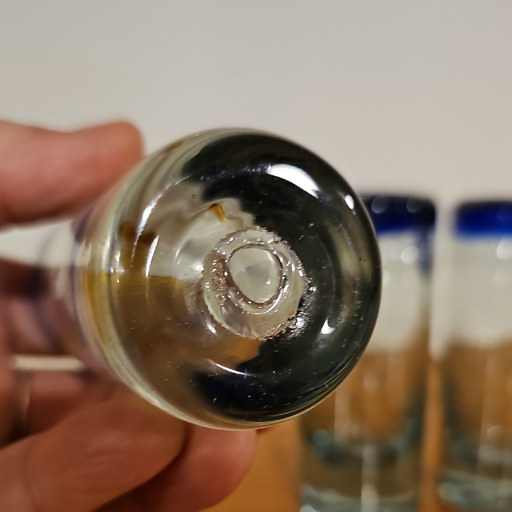 Set of 3 Handblown Glass Shot Glasses with Cobalt Blue Rim - Picture 2 of 5